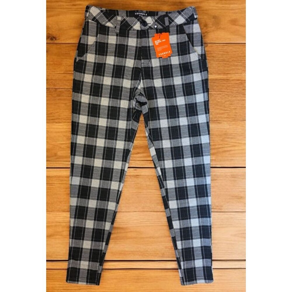 YoungLA Dapper Dress‎ Pants Mens 30x30 Black Plaid Adjustable Waist 614 Tapered